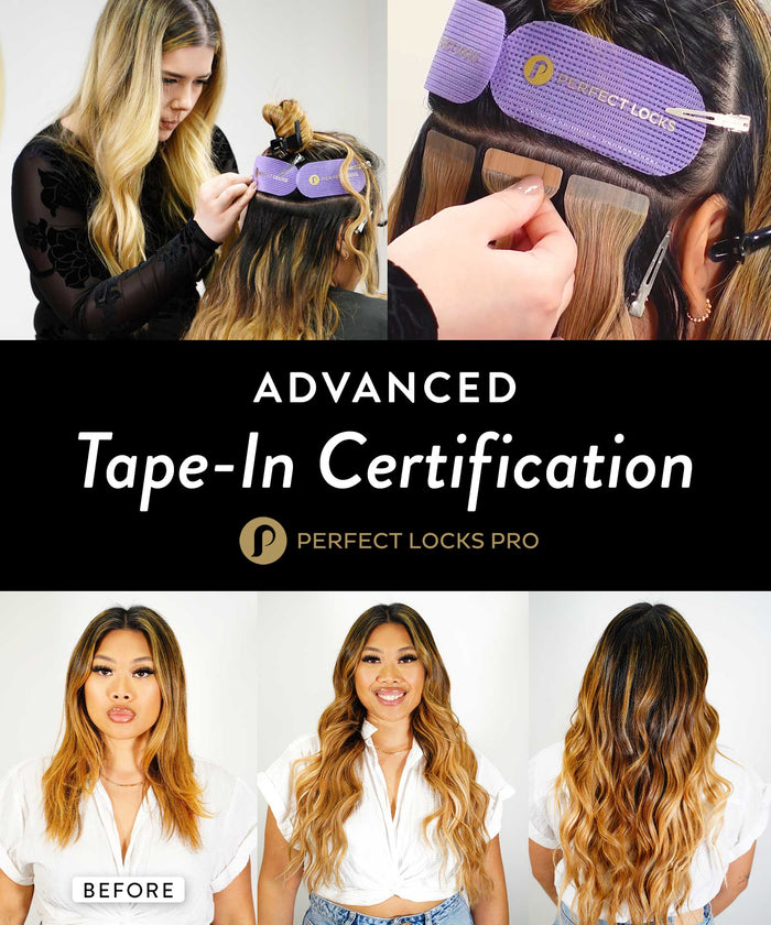 A stylist applies tape-in extensions for a stunning transformation from short to long, wavy hair. Text: Advanced Tape-In Certification.