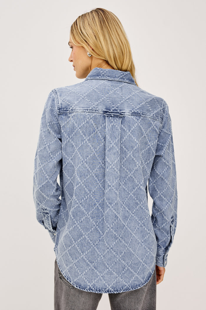 Atticus Shirt in Soft TENCEL™ Denim With Relaxed Fit, Point Collar, Front Button, and Long Sleeves With Flat-Felled Seams and Buttoned Cuffs in Diamond Distress Colorway - Upper Body Back View Featured on Model