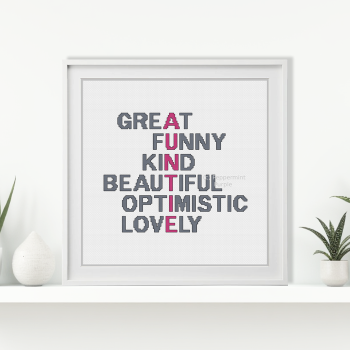 Auntie Acrostic Cross Stitch Pattern by Peppermint Purple