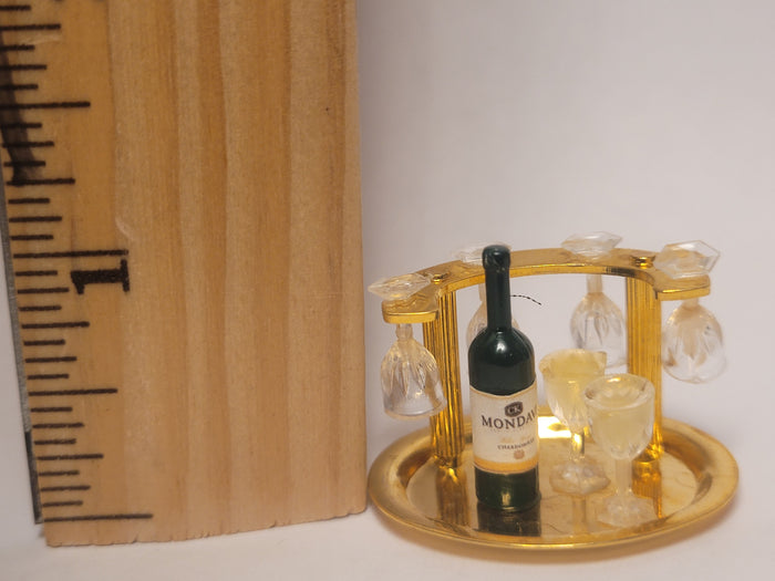 Brass Wine Holder with Wine and Glasses