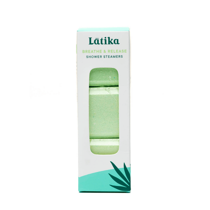 Packaging of Breathe & Release – Aromatherapy Shower Steamers | Latika showing green shower steamer tablets with minimalist design and calming botanical accents.