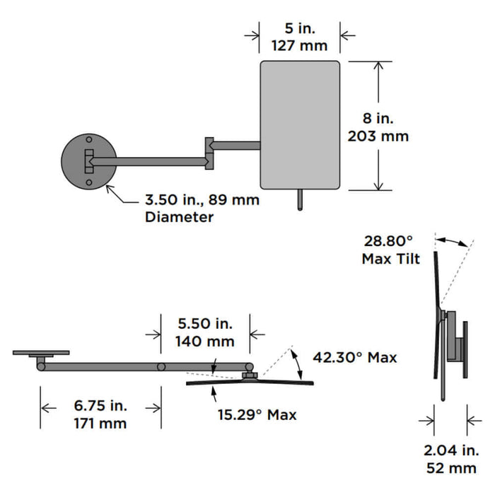 Electric Mirror Company Contour Makeup Mirror dimensioned drawing.