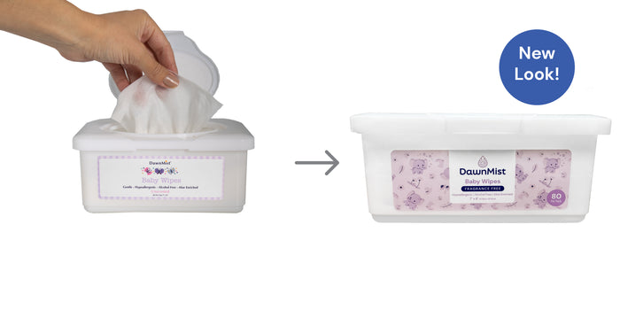 DawnMist Baby Wipes in Plastic Tub with Flip Top Lid, Unscented, 7" x 8"