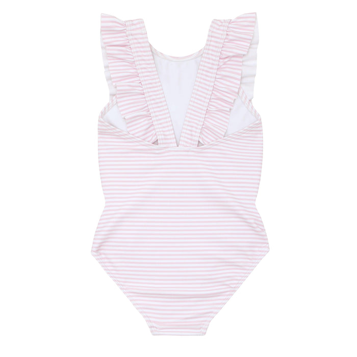 girls pink stripe ruffle one piece