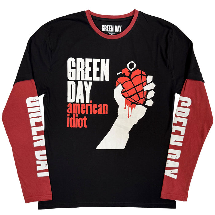 GREEN DAY - AMERICAN IDIOT - Layered Long Sleeve T-Shirt Black, Red (Sleeve Print)