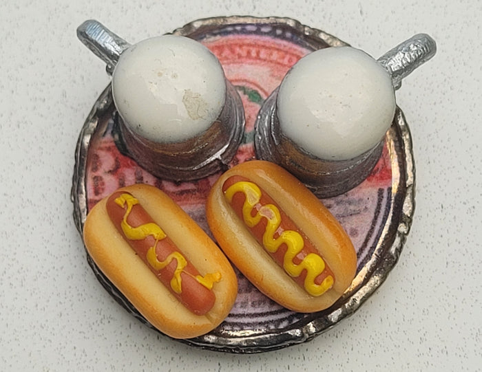 Hotdogs and Beer on Metal Tray