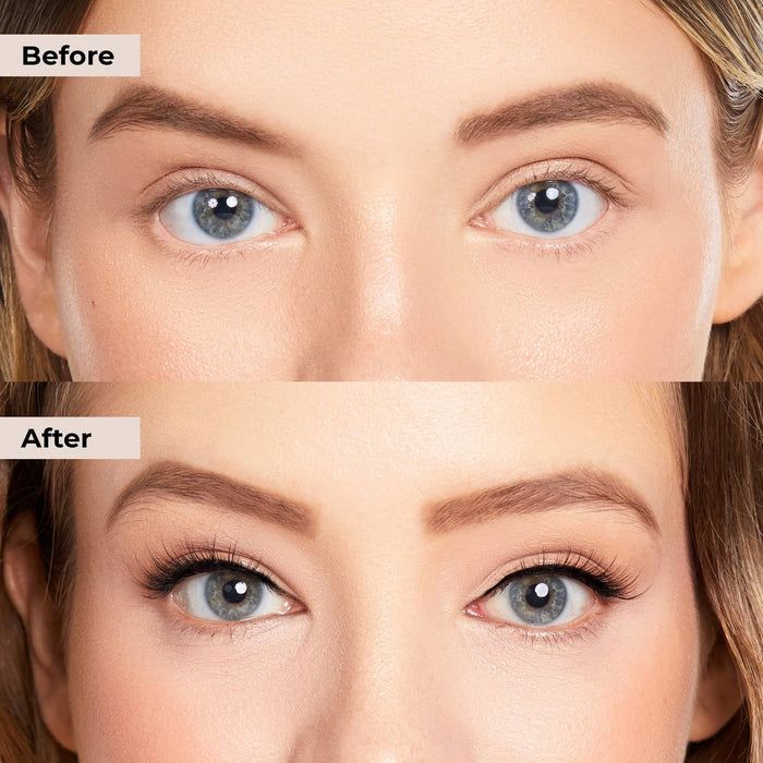 Close-up comparison of a woman's eyes before and after using Lashies™ - Lovely - On The Go | Moxielash, showing natural eyelashes enhanced with fuller, longer lashes in the after image.