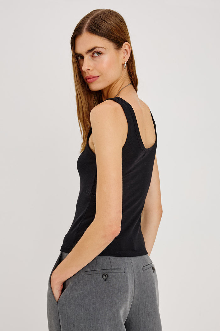 UpperLina Top in Brushed Tissue Jersey With Scoop Neck and Fitted Silhouette in Black Colorway - Upper Body Back View Featured on Model