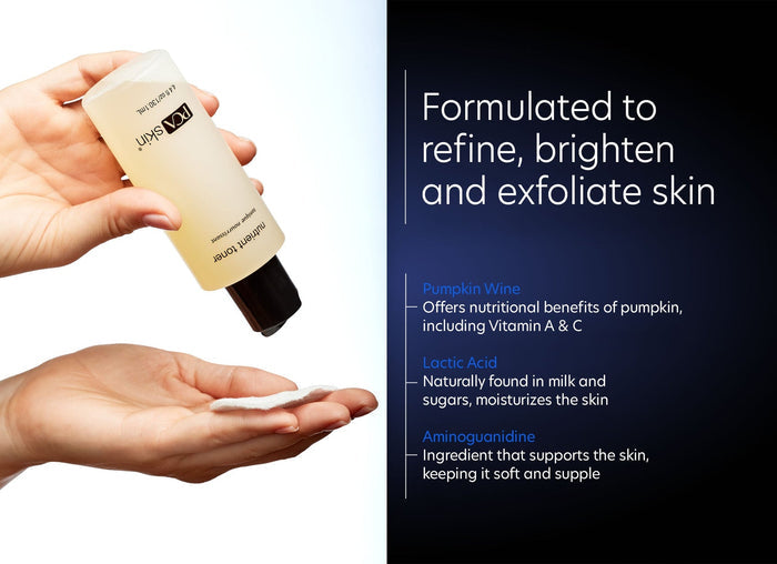Hand pouring Nutrient Toner | PCA Skin from a clear bottle into an open palm, with text describing key ingredients like pumpkin wine, lactic acid, and aminoguanidine that refine, brighten, and exfoliate skin.