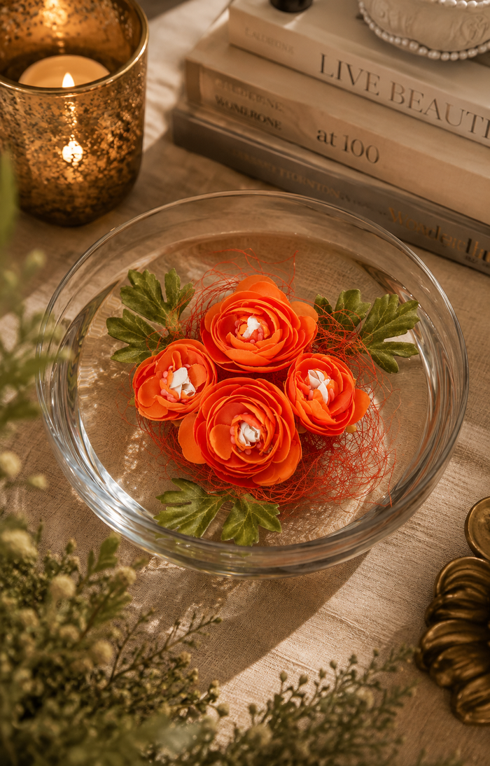 Decorative floating ranunculus flowers, orange blooms with green leaves, netted arrangement