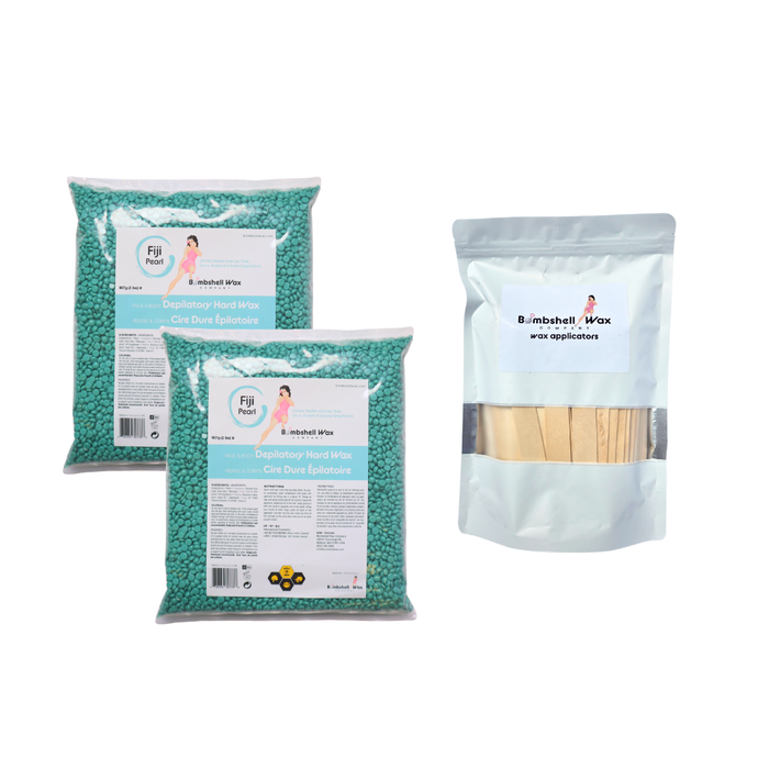 Two bags of Fiji Pearl depilatory hair removal hard wax and a pack of wooden applicators