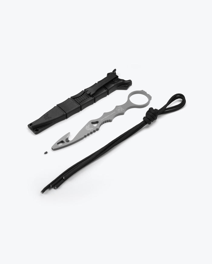 SOCP® Rescue Tool Gray exploded view with sheath and lanyard | Benchmade Knife Co.