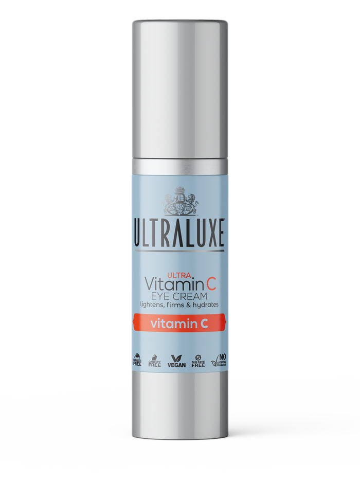 Ultra Vitamin C Eye Cream | Ultraluxe Skincare bottle featuring light blue and silver packaging, promoting lightening, firming, and hydrating benefits with vegan and cruelty-free formulas.