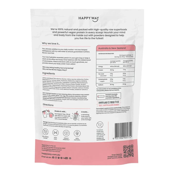 Back view of a Happy Way protein powder package with text and labels.