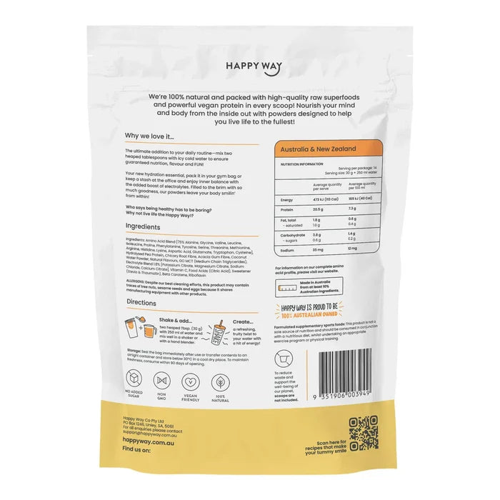 Back view of a Happy Way protein powder package with text and nutritional information.