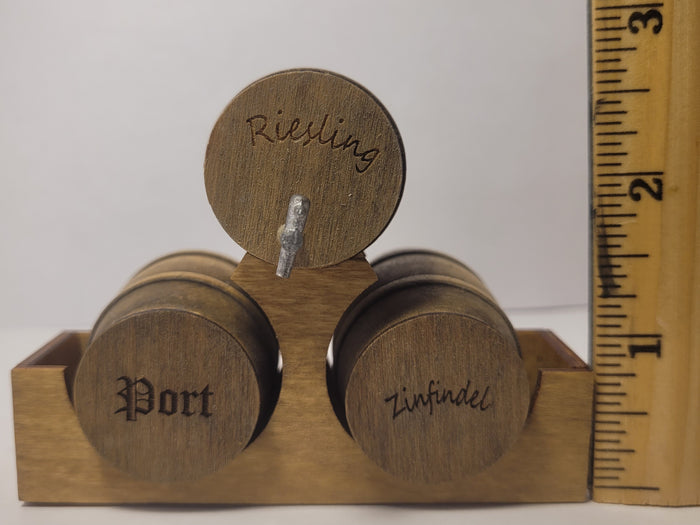 Wooden Barrel Display Stand - Medium - Riesling, Port, and Zinfandel Barrels on Wooden Holder