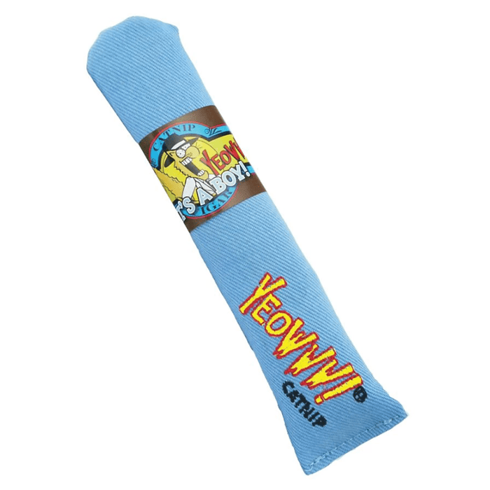 Blue cigar shaped cat toy with yellow stitch detail text 'Yeowww! Catnip' on the bottom, wrapped in a label with a picture of a cartoon cat with 'Yeowww!' text coming from it's mouth, underneath is text that says 'It's a boy'. All pictured on a white background.