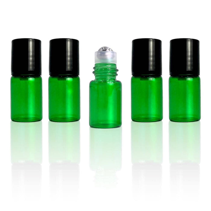 2 ml Green Glass Vials w/ Stainless Steel Rollers & Black Caps (Pack of 5) at Your Oil Tools
