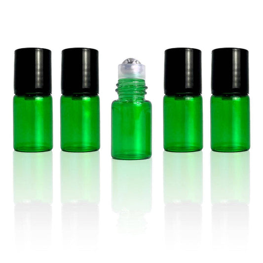 2 ml Green Glass Vials w/ Stainless Steel Rollers & Black Caps (Pack of 5) at Your Oil Tools
