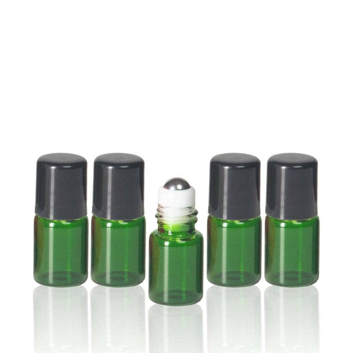 2 ml Green Glass Vials w/ Stainless Steel Rollers & Black Caps (Pack of 5) at Your Oil Tools