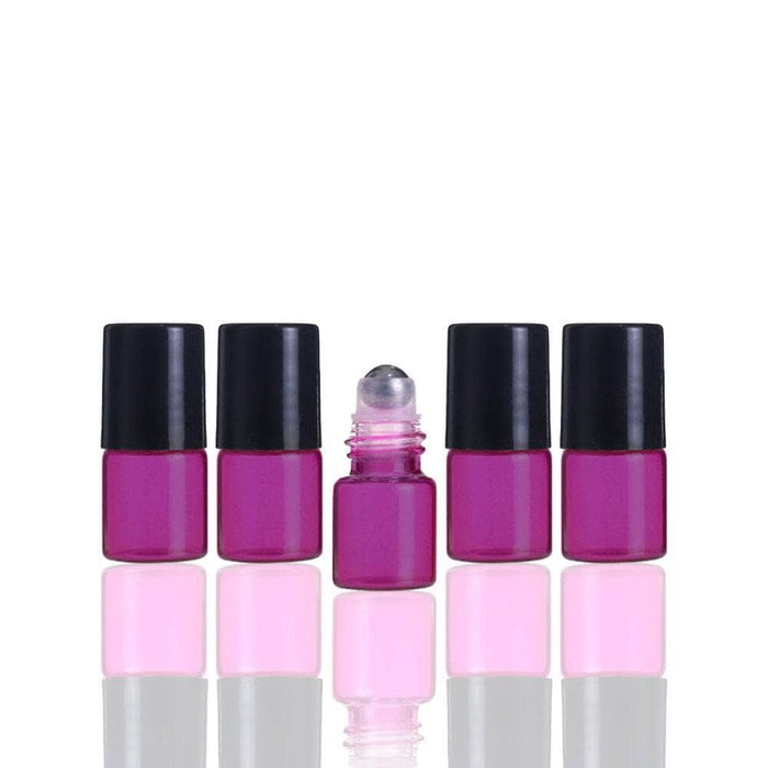 2 ml Pink Glass Vial w/ Stainless Steel Roller & black caps (Pack of 5) at Your Oil Tools