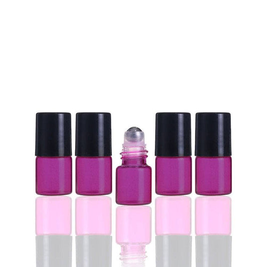 2 ml Pink Glass Vial w/ Stainless Steel Roller & black caps (Pack of 5) at Your Oil Tools