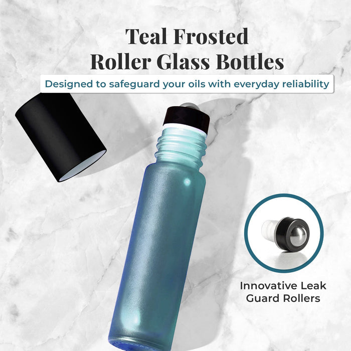 10 ml Teal Frosted Glass Bottles with Leak Guard™ Rollers (Pack of 5) at Your Oil Tools