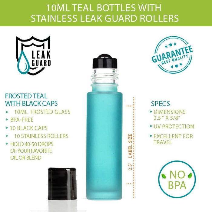 10 ml Teal Frosted Glass Bottles with Leak Guard™ Rollers (Pack of 5) at Your Oil Tools
