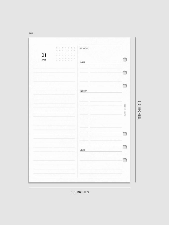 Digital mockup of insert in A5. Daily spread shown.