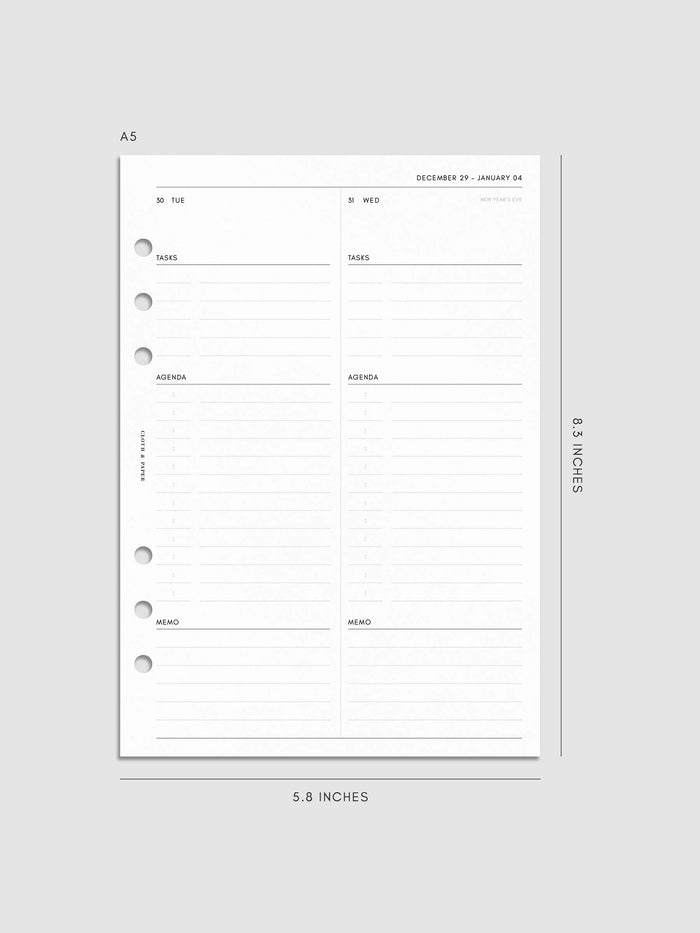 Digital mockup of insert in A5. Daily spread shown.