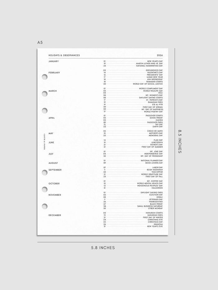 Digital mockup of insert in A5. Holidays and observances shown.