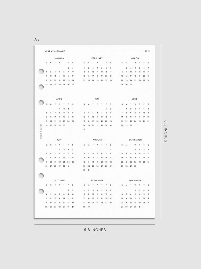 Digital mockup of inserts in A5. Year at a glance shown.