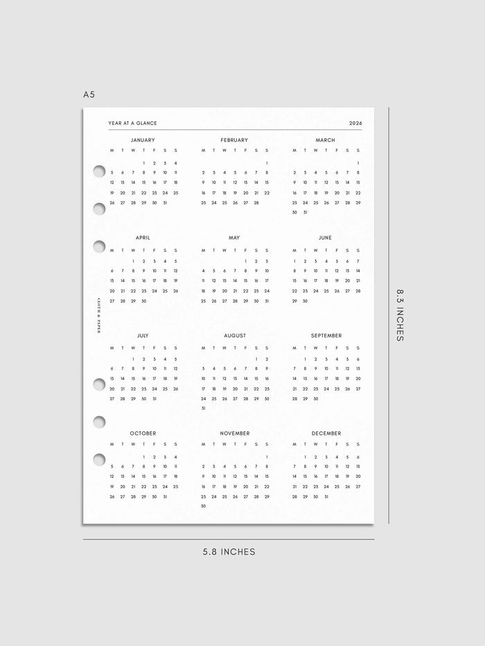 Digital mockup of insert in A5. Year overview page shown.