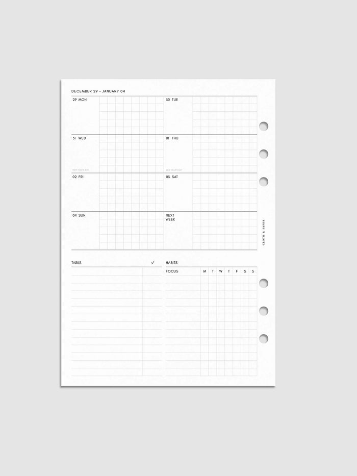 Digital mock-up of the weekly spread in A5.