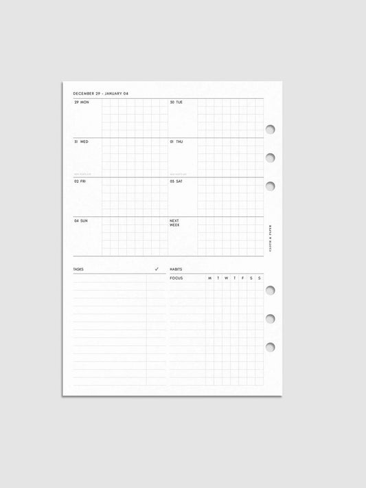 Digital mock-up of the weekly spread in A5.