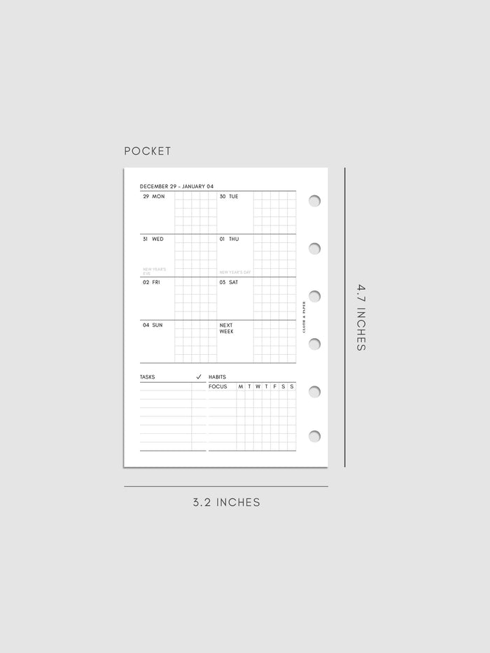 Digital mock-up of the weekly spread in Pocket.
