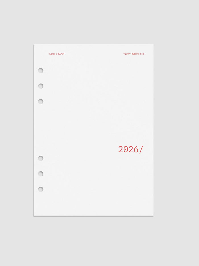 Image shows a translucent vellum dashboard with the year 2026 in rouge. The size featured here is in A5.