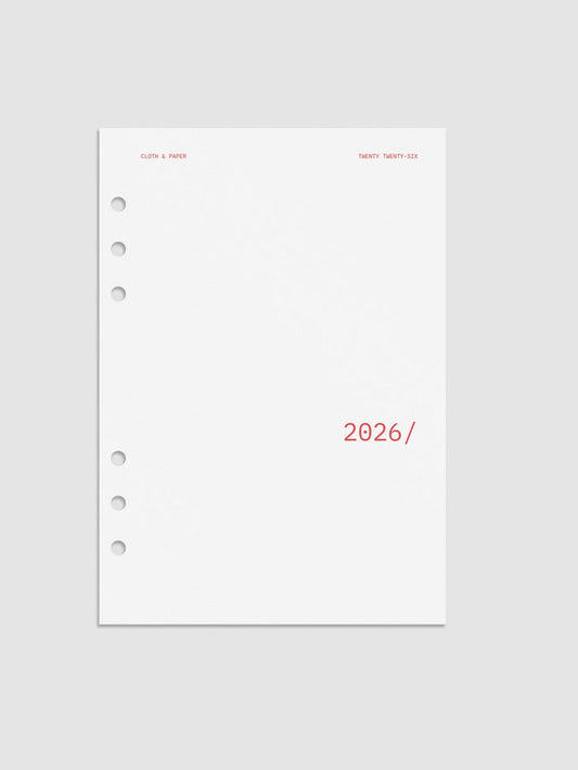 Image shows a translucent vellum dashboard with the year 2026 in rouge. The size featured here is in A5.