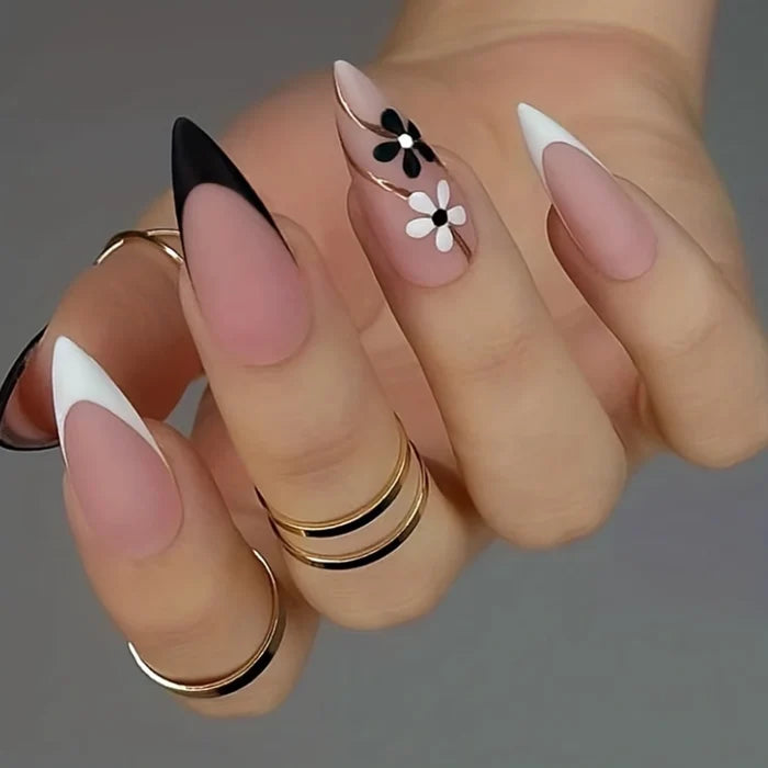 24pcs Long Almond Fake Nails White French Press on Nails Simple Full Cover Detachable Nail Tips
