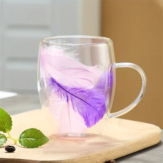Aesthetic Flowers and  Feather Inside  Double Walled Filled Glass Mugs