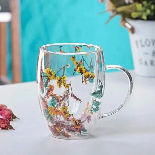 Aesthetic Flowers and  Feather Inside  Double Walled Filled Glass Mugs