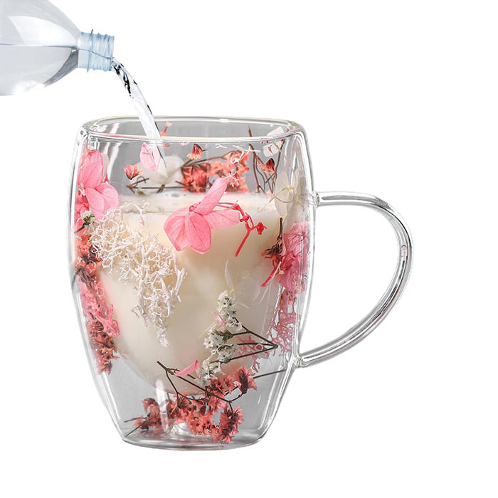 Aesthetic Flowers and  Feather Inside  Double Walled Filled Glass Mugs