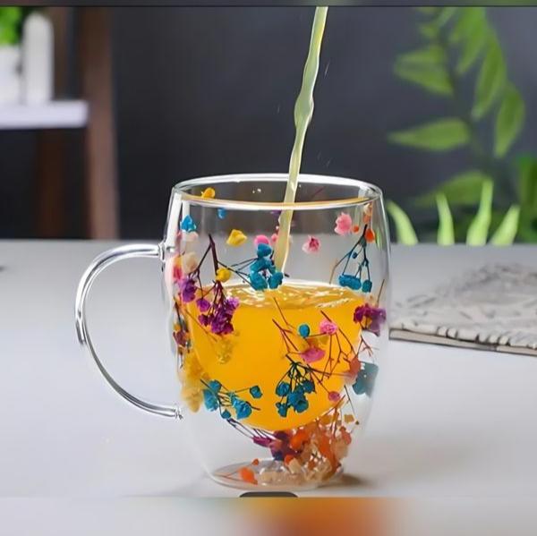 Aesthetic Flowers and  Feather Inside  Double Walled Filled Glass Mugs