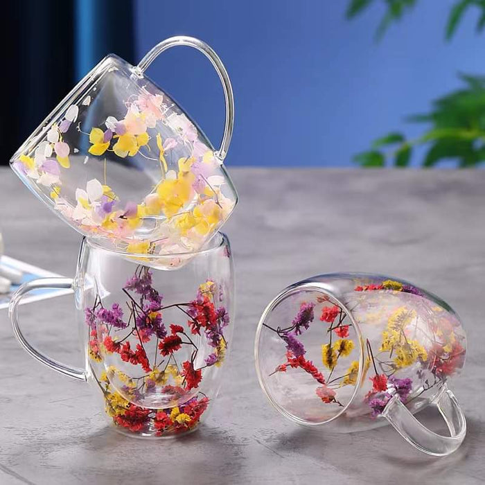 Aesthetic Flowers and  Feather Inside  Double Walled Filled Glass Mugs