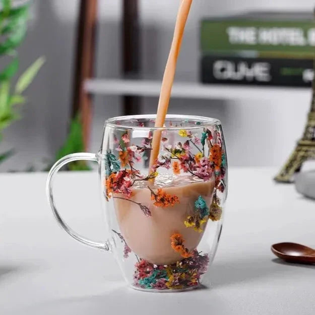 Aesthetic Flowers and  Feather Inside  Double Walled Filled Glass Mugs