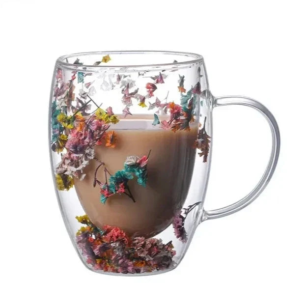 Aesthetic Flowers and  Feather Inside  Double Walled Filled Glass Mugs