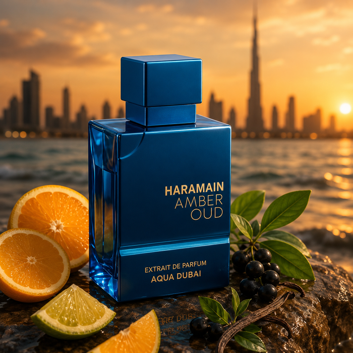 Al Haramain Amber Oud Aqua Dubai Eau de Parfum 100ml luxury blue perfume bottle by the Dubai skyline