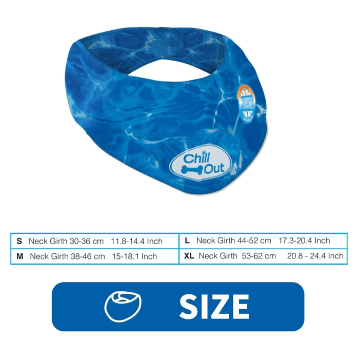 Blue bandana with wave design, with white oval with 'Chill Out' text in blue inside and a small blue dog amongst the text. Beneath the picture is details of sizes available: 
S Neck Girth 30-36 cm 11.8-14.4 Inch
M Neck Girth 38-46 cm 15-18.1 Inch
L Neck Girth 44-52 cm 17.3-20.4 Inch
XL Neck Girth 53-62 cm 20.8 - 24.4 Inch
Below this is a blue box with white text saying 'Size' all pictured on a white background.