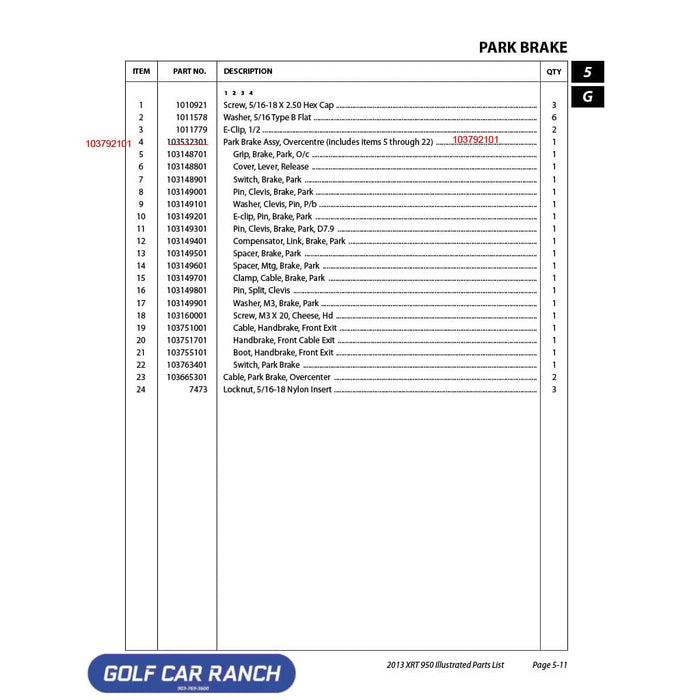 ASM BRAKE PARK OVERCENTER - 103792101 CLUB CAR CA/XRT REPAIR PART