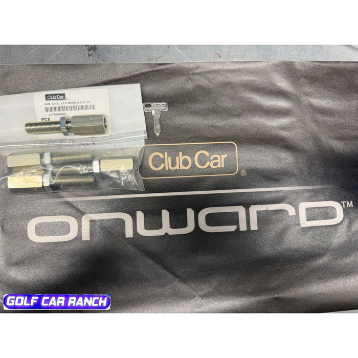Packaged car parts with Club Car and Onward branding on a gray background
